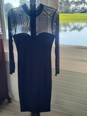 Kardashian Kollection Black Long Sleeve Sheer Yoke Midi Dress